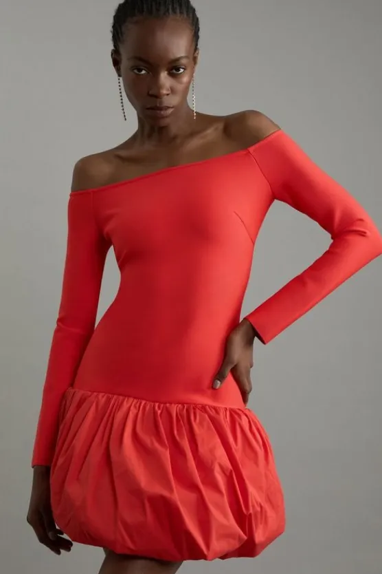 Karen Millen Petite Figure Form Bandage Knit Structu Puff Ball Mini Dress red Online