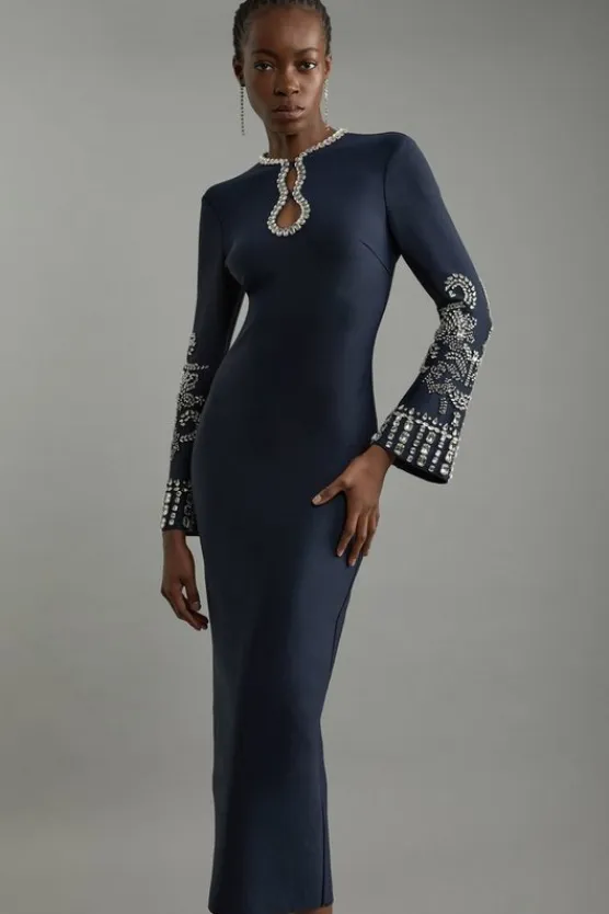 Karen Millen Petite Figure Form Bandage Knit Embellished Wide Sleeve Midaxi Dress navy Best