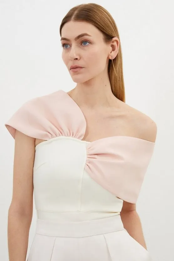 Karen Millen Petite Figure Form Bandage Knit Asymmetric Strap Top cream Sale