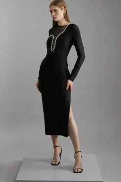 Karen Millen Petite Figure Form Bandage Mesh Detail Asymmetric Trim Midi Dress black Discount