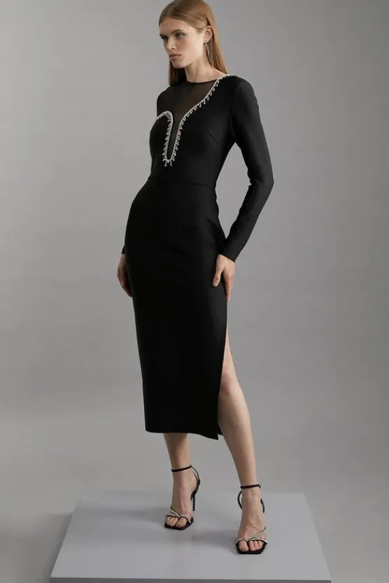 Karen Millen Petite Figure Form Bandage Mesh Detail Asymmetric Trim Midi Dress black Discount