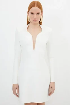 Karen Millen Petite Figure Form Bandage Plunge Neck Knit Mini Dress cream Best
