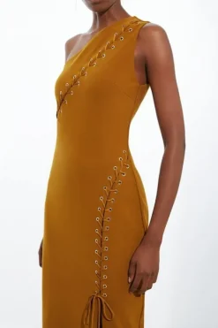 Karen Millen Petite Figure Form Laced Detail Woven One Shoulder Midi Dress caramel Discount