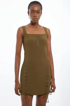 Karen Millen Petite Figure Form Laced Detail Woven Mini Dress olive Online