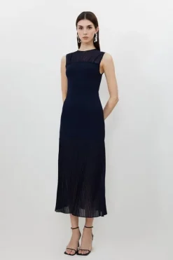 Karen Millen Petite Figure Form Woven Bandage Mix Dress navy Clearance