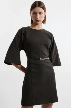 Karen Millen Petite Flannel Tailored Belted Dress grey Discount