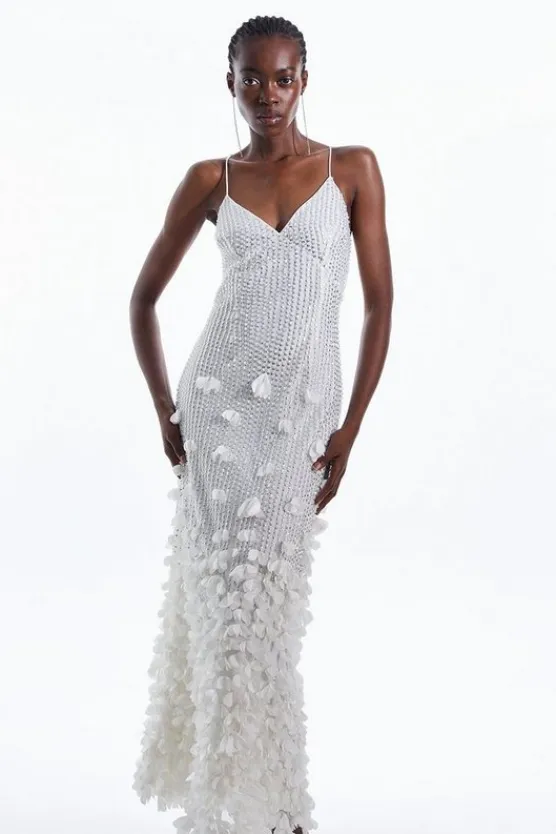 Karen Millen Petite Floral Applique Woven Strappy Maxi Dress ivory Online