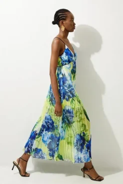 Karen Millen Petite Pleated Crinkle Strappy Woven Midi Dress floral Clearance