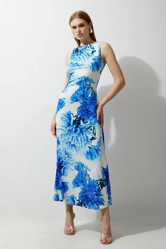 Karen Millen Petite Floral Printed Drapey Jersey Maxi Dress blue Fashion