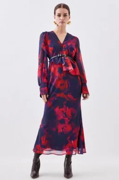 Karen Millen Petite Printed Georgette Belted Woven Maxi Dress floral Hot