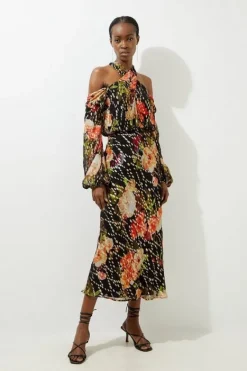 Karen Millen Petite Floral Printed Viscose Metallic Thread Beaded Cross Neck Woven Midi Dress black Sale