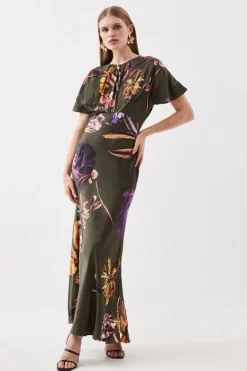 Karen Millen Petite Satin Woven Crepe Maxi Dress floral Sale