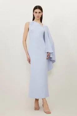 Karen Millen Petite Fluid Tailored Asymmetric One Shoulder Drape Dress paleblue Fashion