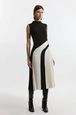 Karen Millen Petite Fluid Tailored Color Block High Neck Pleated Midi Dress mono Clearance
