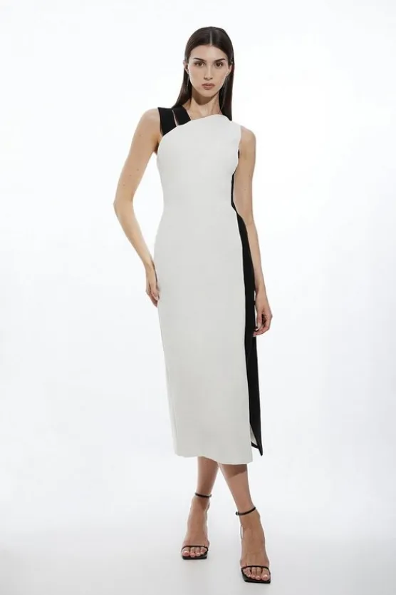 Karen Millen Petite Fluid Tailored Color Block Split Strap Midi Dress mono Clearance