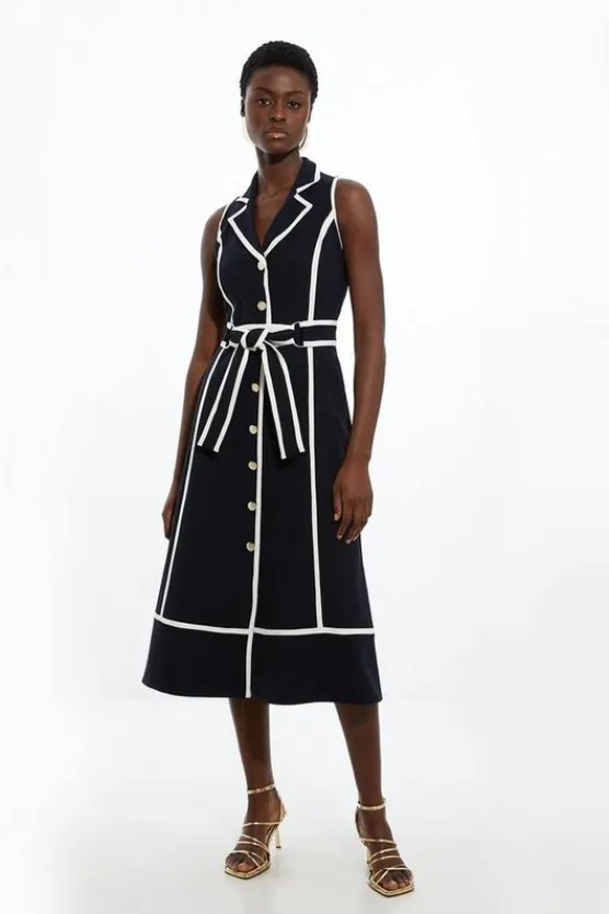 Karen Millen Petite Fluid Tailored Sleeveless Belted Contrast Tipped Midaxi Shirt Dress navy Online