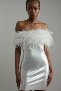 Karen Millen Petite Foiled Figure Form Bandage Knit Feather Off The Shoulder Mini Dress silver Discount