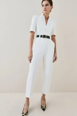 Karen Millen Petite Forever Belted Jumpsuit ivory Clearance
