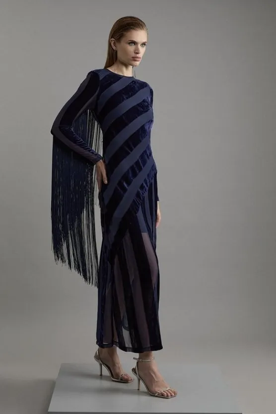 Karen Millen Petite Fringed Velvet Devore Long Sleeve Woven Maxi Dress navy Fashion