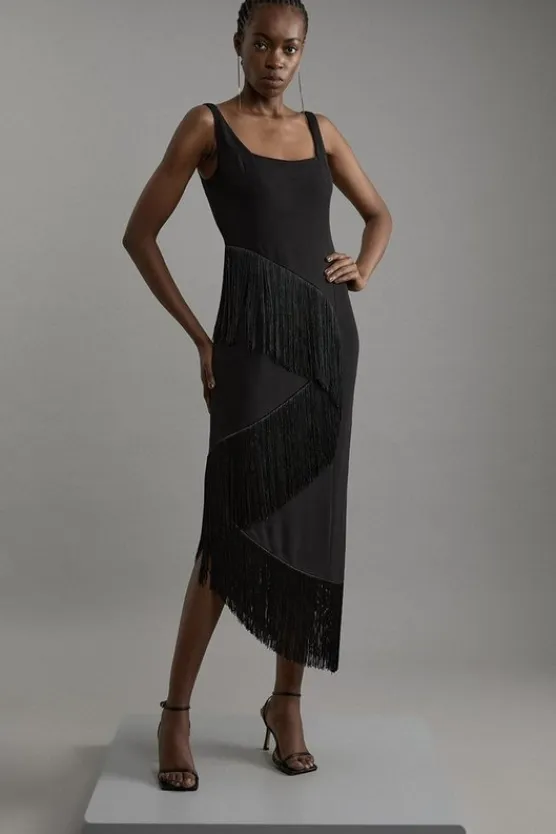 Karen Millen Petite Fringe Tassel Drape Tailored Pencil Midi Dress black Sale