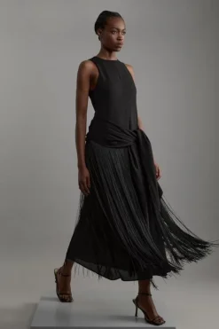 Karen Millen Petite Fringe Tassle Halter Neck Tailored Maxi Dress black Clearance