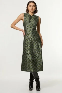 Karen Millen Petite Geo Jacquard Twill Tailored Full Skirted Belted Midi Dress green Best