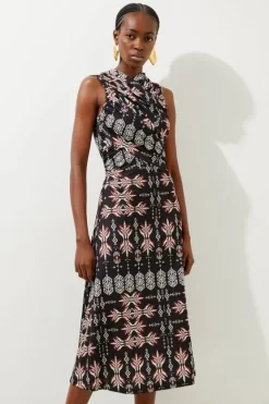 Karen Millen Petite Geo Printed Jersey Crepe Cross Front Maxi Dress beige Outlet
