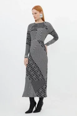 Karen Millen Petite Printed Morocain Woven Crew Neck Midaxi Dress geo New