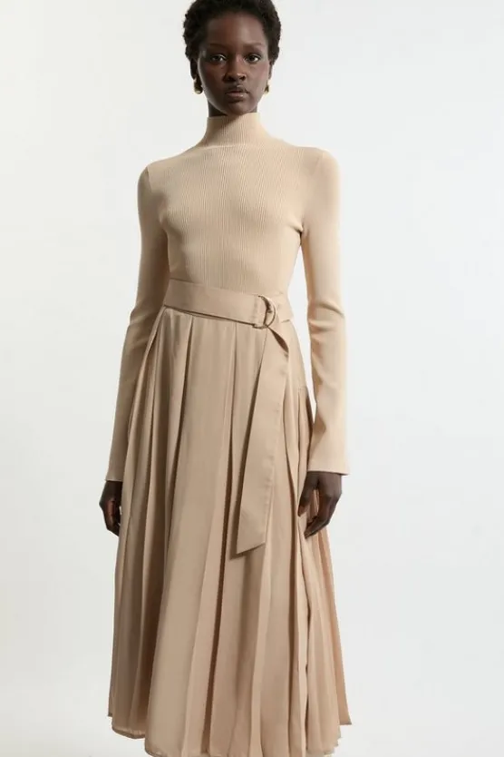 Karen Millen Petite Georgette Belted Pleat Woven Midi Skirt camel Clearance