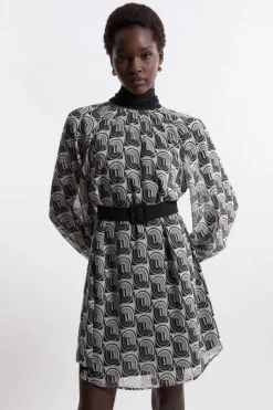Karen Millen Petite Georgette Tie Neck Belted Woven Mini Dress mono Best