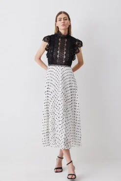 Karen Millen Petite Guipure Lace Dot Pleated Skirt Midi Dress mono Online