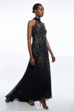 Karen Millen Petite Halter Neck Feather Sequin Detail Woven Maxi Dress navy Discount