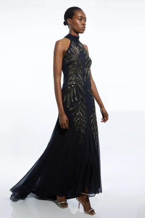 Karen Millen Petite Halter Neck Feather Sequin Detail Woven Maxi Dress navy Discount