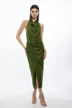 Karen Millen Petite Halterneck Sequin Jersey Side Split Maxi Dress khaki Sale