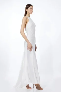 Karen Millen Petite Heavy Satin Diamante Detail Halter Maxi Dress ivory Outlet