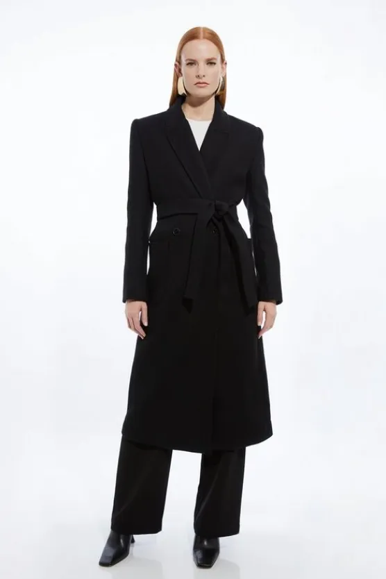 Karen Millen Petite Italian Manteco Wool Blend Wrap Belted Tailored Midi Coat black New