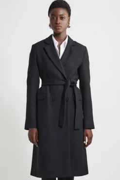 Karen Millen Petite Italian Manteco Wool Blend Tailored Belted Midi Coat black Best