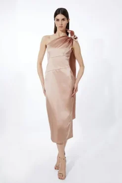 Karen Millen Petite Italian Satin Drape Shoulder Tailored Midi Dress champagne Fashion