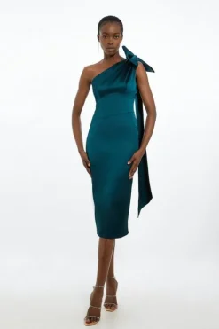 Karen Millen Petite Italian Satin One Shoulder Bow Detail Tailored Midi Dress forest Discount