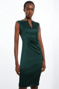 Karen Millen Petite Italian Satin Tailored Envelope Neck Pencil Midi Dress forest Online