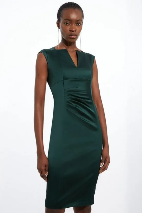 Karen Millen Petite Italian Satin Tailored Envelope Neck Pencil Midi Dress forest Online