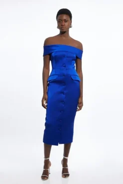 Karen Millen Petite Italian Structured Rib Off The Shoulder Button Through Tailored Midi Dress cobalt New