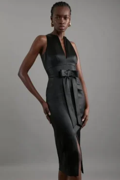 Karen Millen Petite Italian Structured Satin Bow Detail Tailored Maxi Dress black Fashion
