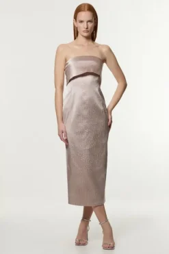 Karen Millen Petite Italian Structured Textured Satin Bandeau Tailored Midi Dress blush Sale