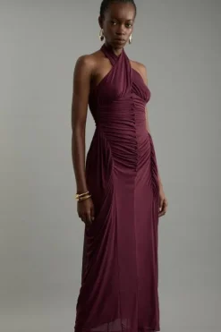 Karen Millen Petite Jersey Mesh Halterneck Midi Dress burgundy Clearance