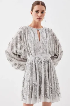 Karen Millen Petite Kimono Sleeve Embellished Mini Dress silver Fashion