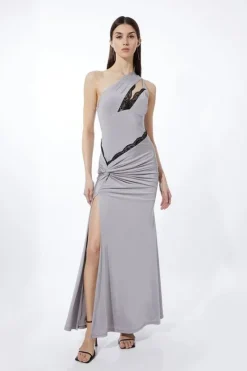 Karen Millen Petite Lace Trim One Shoulder Jersey Maxi Dress silver New
