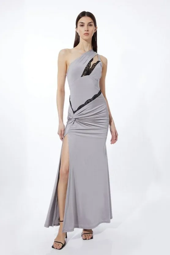 Karen Millen Petite Lace Trim One Shoulder Jersey Maxi Dress silver New