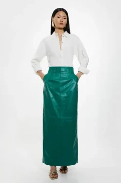 Karen Millen Petite Leather Corset Detail High Waist Maxi Pencil Skirt brightgreen Outlet