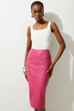 Karen Millen Petite Leather Panel Pencil Midi Skirt brightpink Clearance